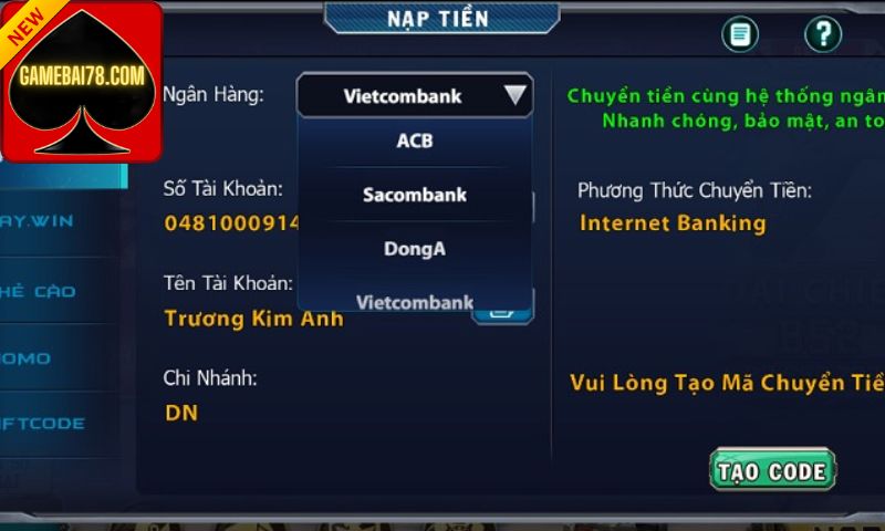 Hướng dẫn nạp tiền B52 từ Internet Banking